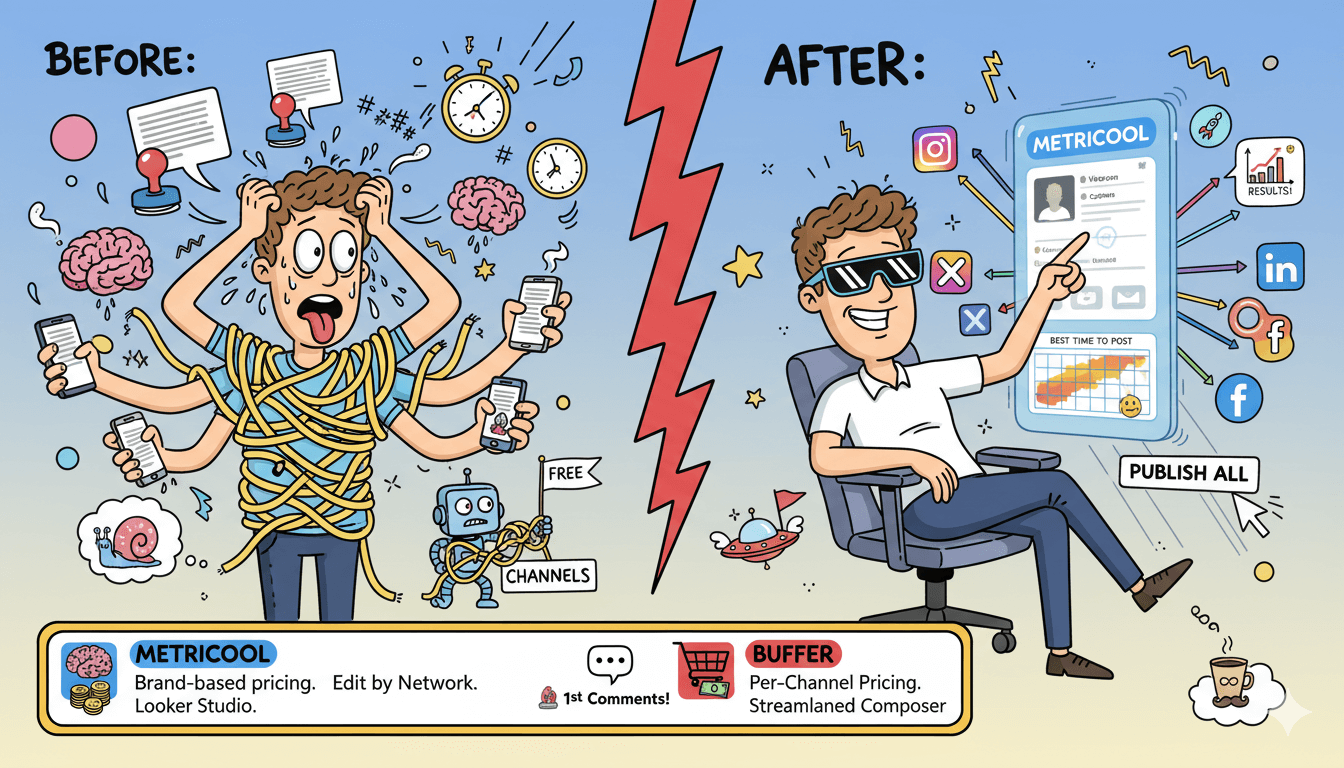 Humorous illustration comparing a stressed entrepreneur manually managing social media before, and a relaxed entrepreneur using Metricool after.