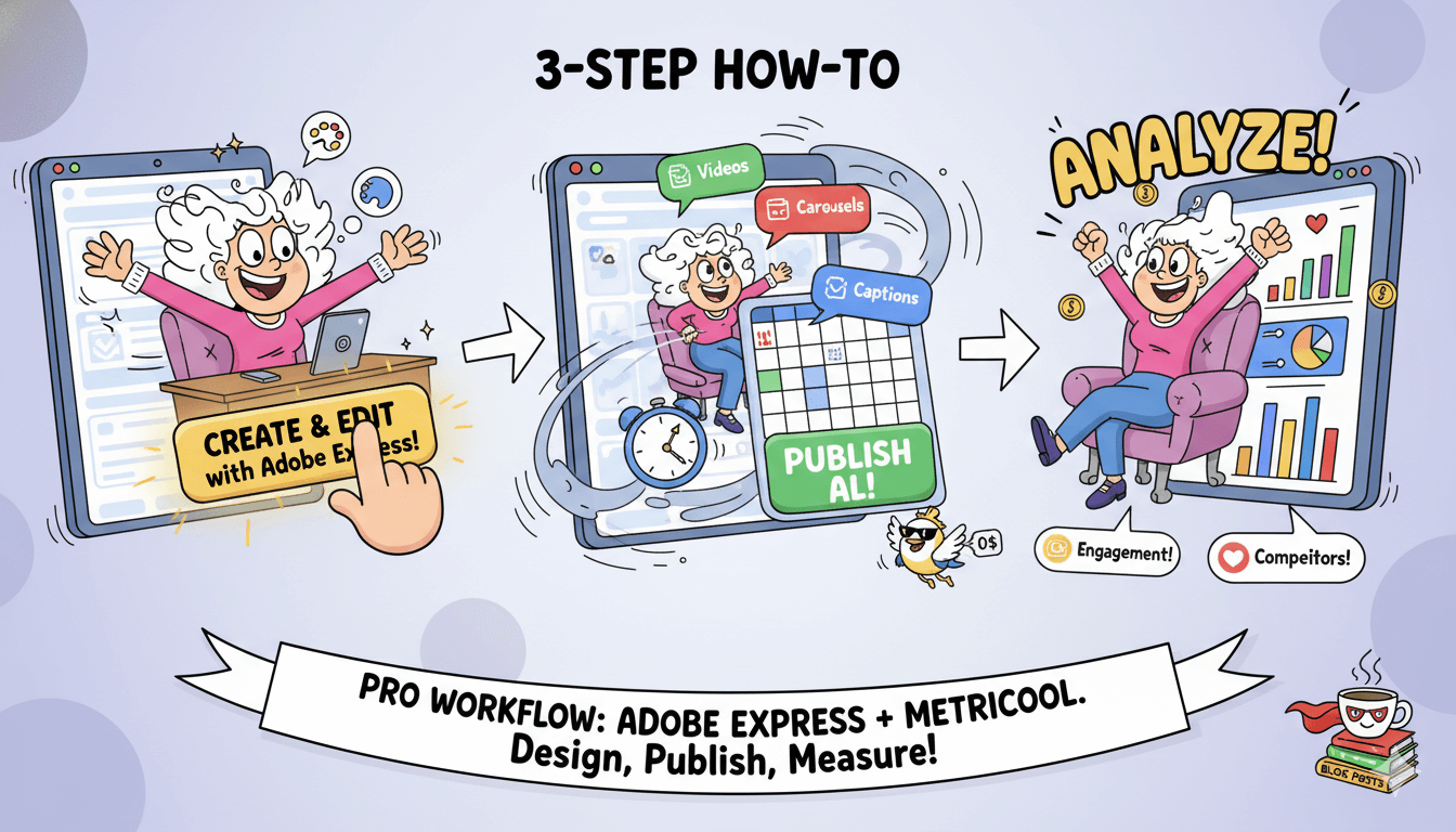 Three cartoon panels show an entrepreneur creating in Adobe Express, scheduling with Metricool, and analyzing results for a pro workflow.