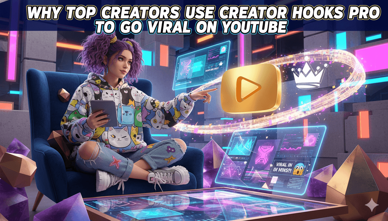 A young, passionate, teenage-looking female entrepreneur uses a tablet to interact with holographic YouTube metrics and a golden play button.