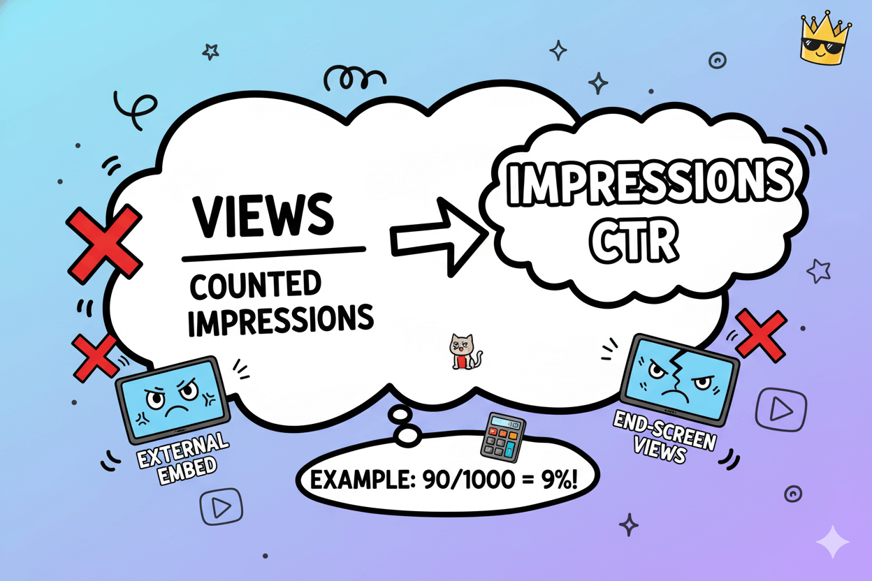 A simple fraction shows views divided by counted impressions, labeled "impressions CTR," with callouts for excluded external or end-screen views.