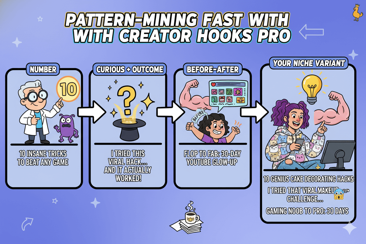 Four panels illustrate how Creator Hooks Pro helps users create niche-specific viral titles, from identifying patterns to generating variants.