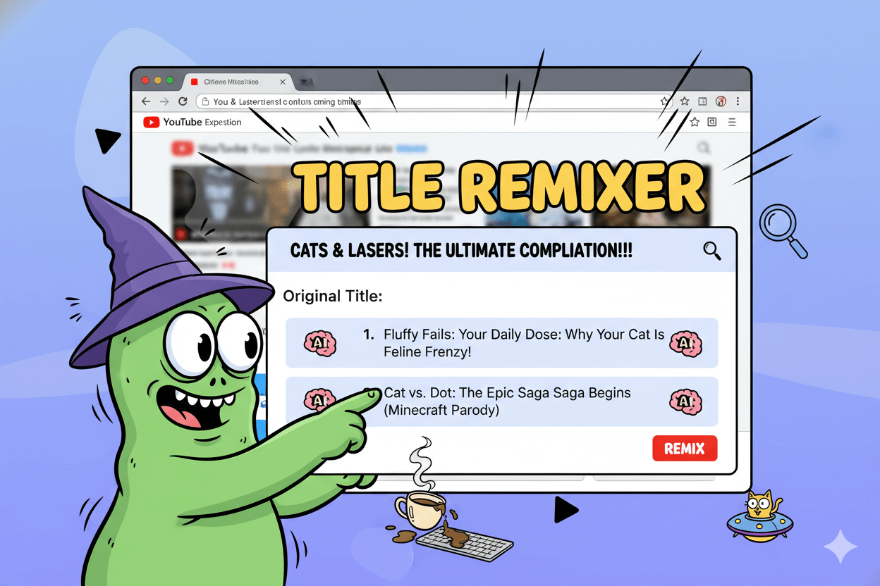 A green cartoon monster points to a browser overlay showing YouTube's "Title Remixer" extension with suggested title variants.