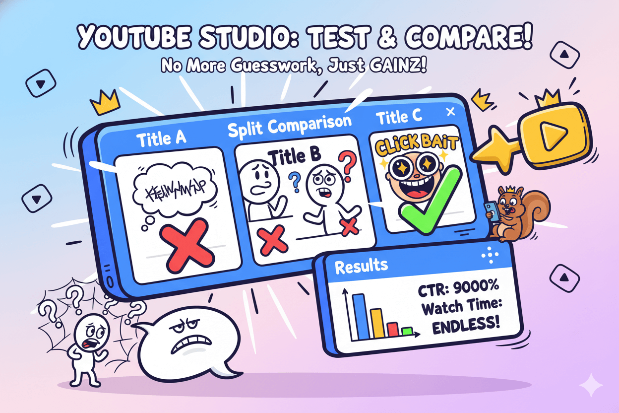 Cartoon depiction of YouTube Studio's "Test & Compare" feature, demonstrating title split testing with humorous results and an analytics summary.