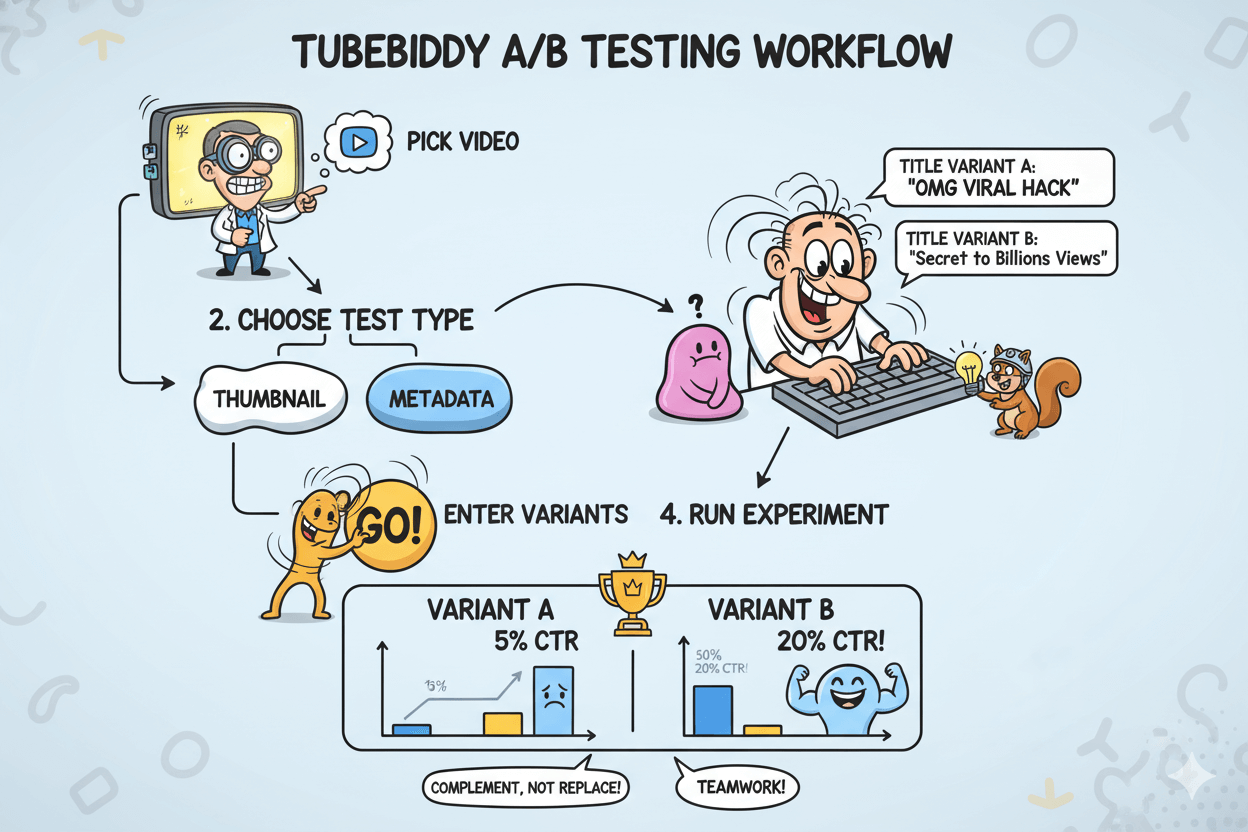 A humorous flowchart illustrating TubeBuddy's A/B testing workflow for YouTube videos, showing steps like picking a video, choosing test type, entering variants, and running the experiment.
