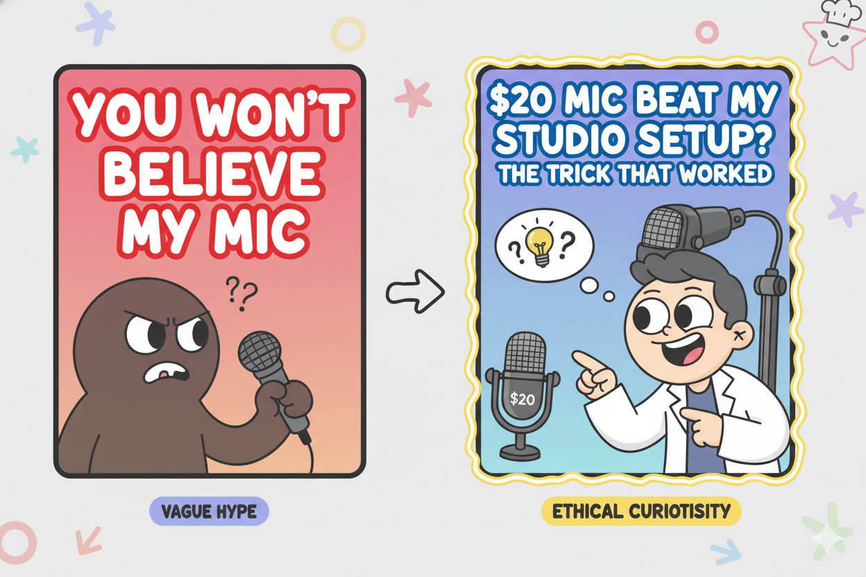 A split comparison shows two YouTube thumbnail examples, one with vague hype and the other with ethical curiosity for better engagement.