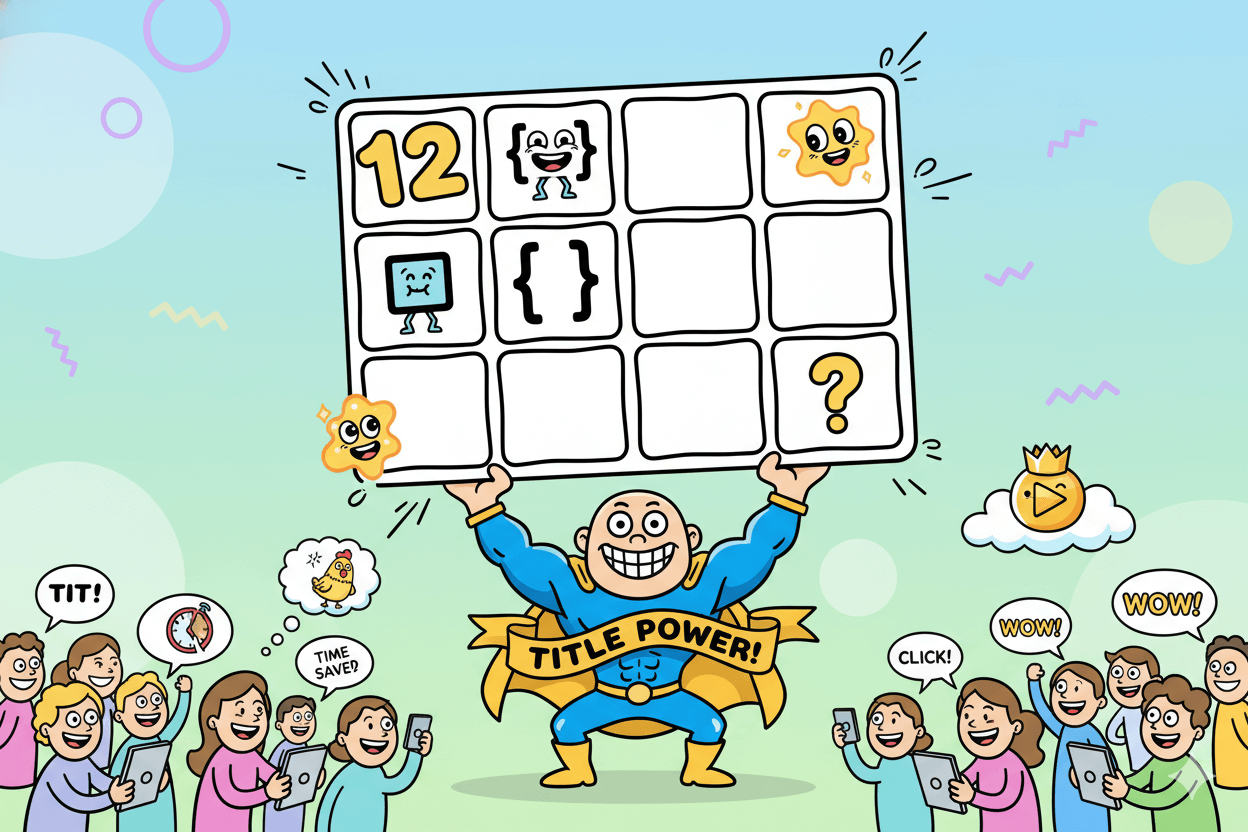 A superhero holds a grid of twelve blank title templates, illustrating how easy it is to create catchy titles.