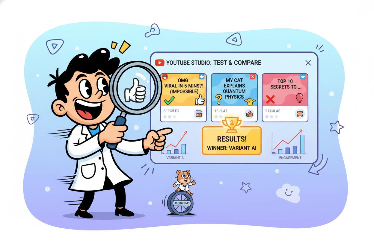 A cartoon scientist examines YouTube Studio's "Test & Compare" panel, which displays three title variants and their outcomes.