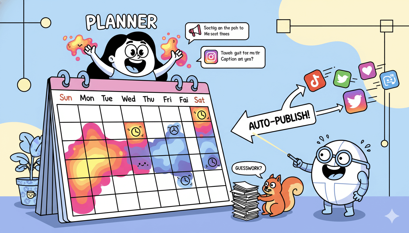 Cartoon illustration of a social media planner calendar showing best-time heatmaps, a character planning, and auto-publishing to various platforms.
