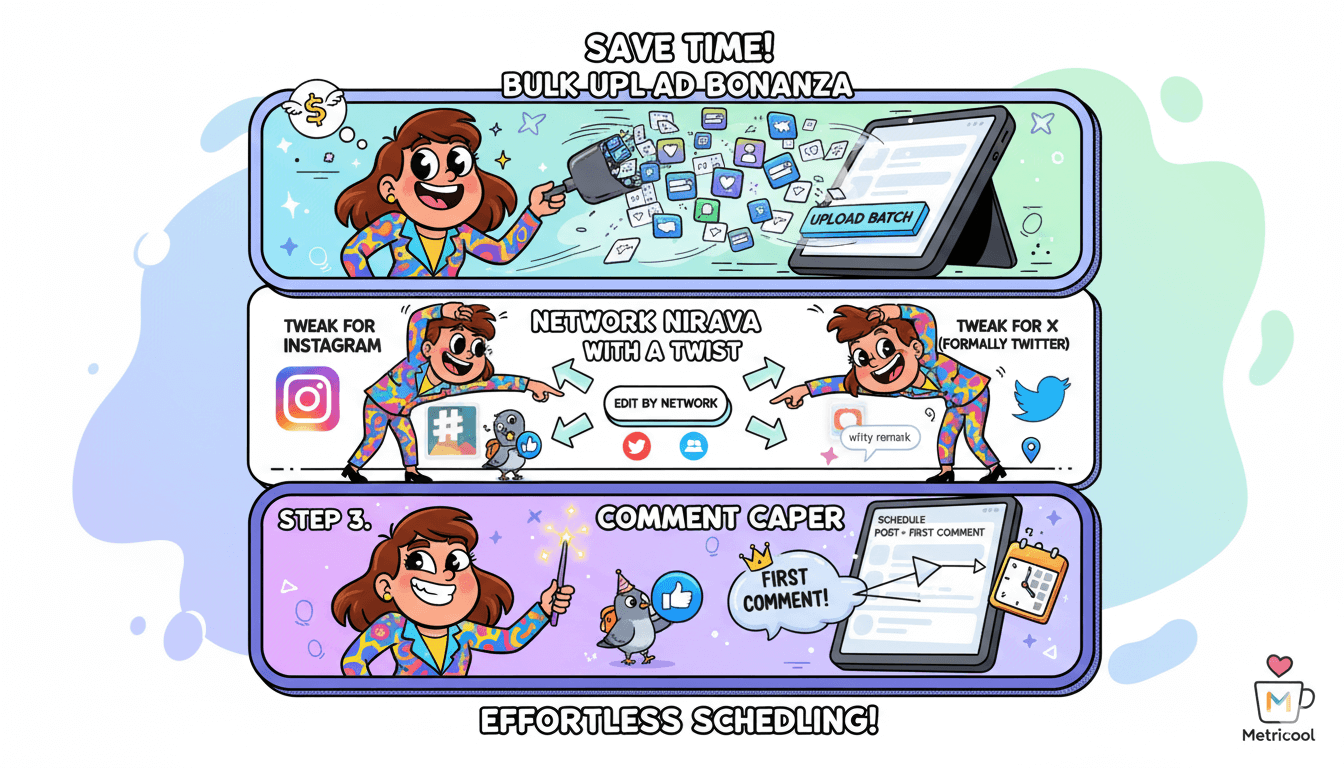 Cartoon woman uses Metricool features like bulk upload and network-specific editing to save time scheduling social media posts.