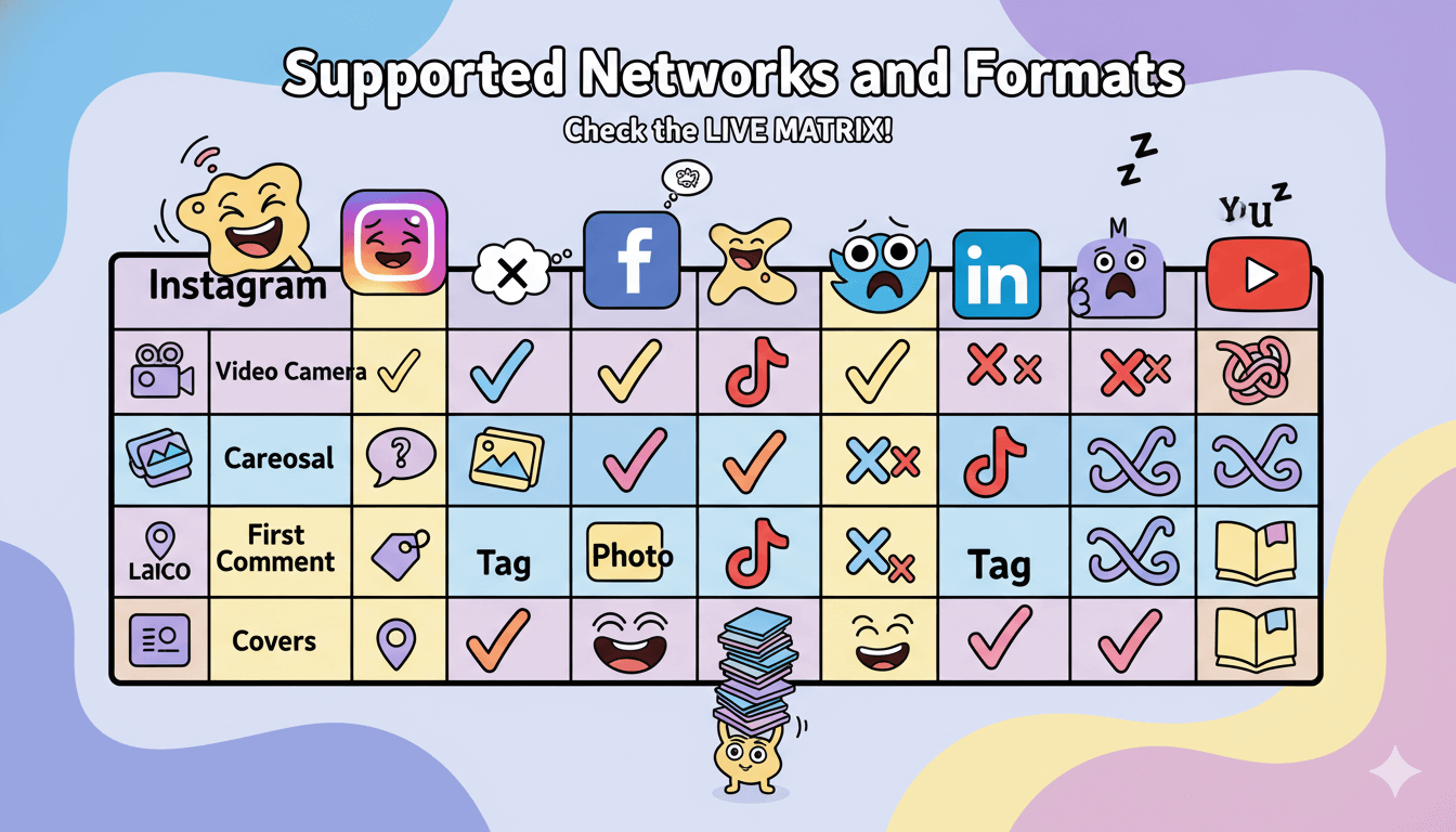 Table showing social media network capabilities for different content formats, first comments, tags, locations, and cover images.
