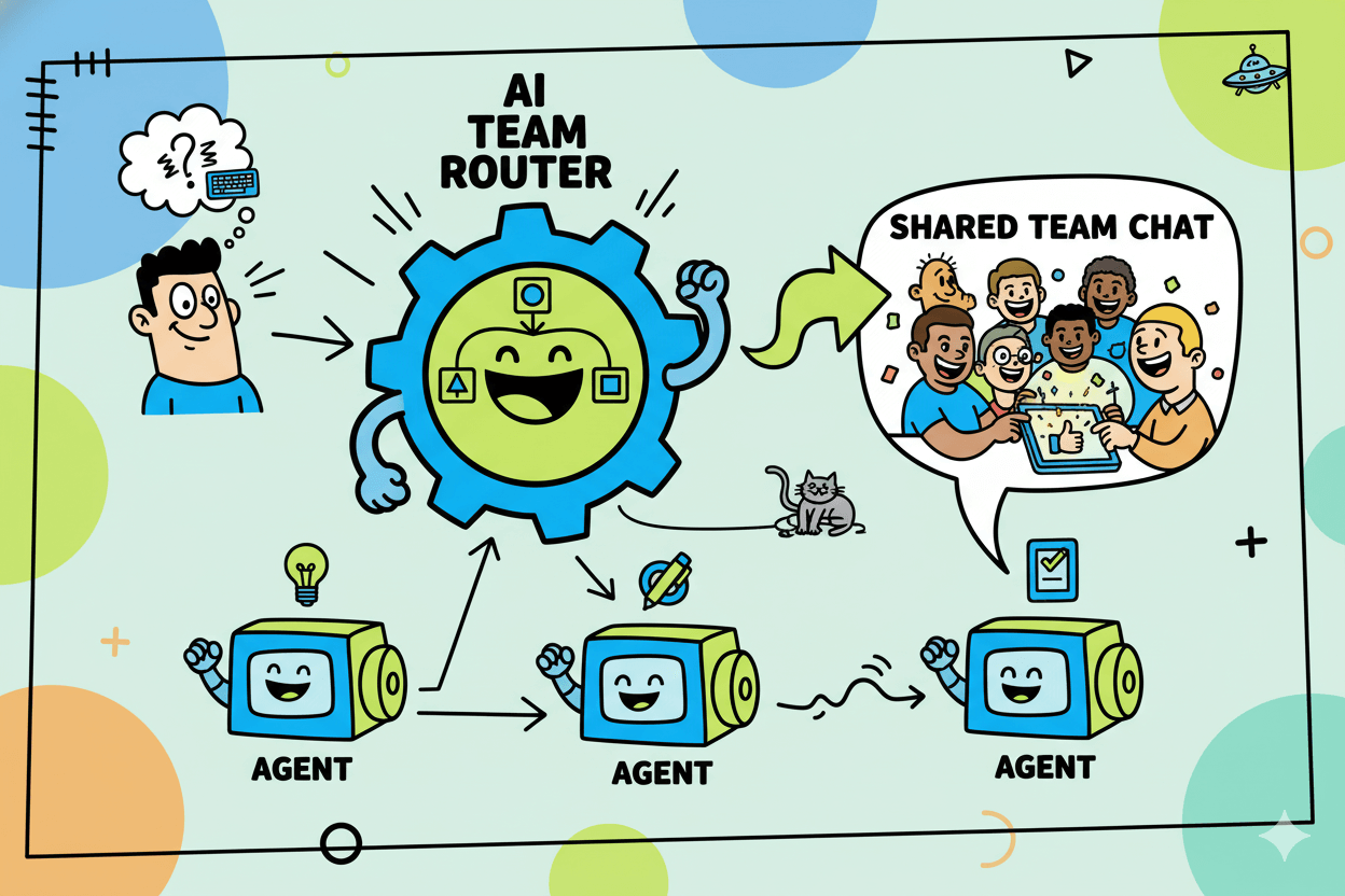 Playful flow diagram illustrating how a user request is routed by an AI team to agents and then reviewed in a shared team chat.