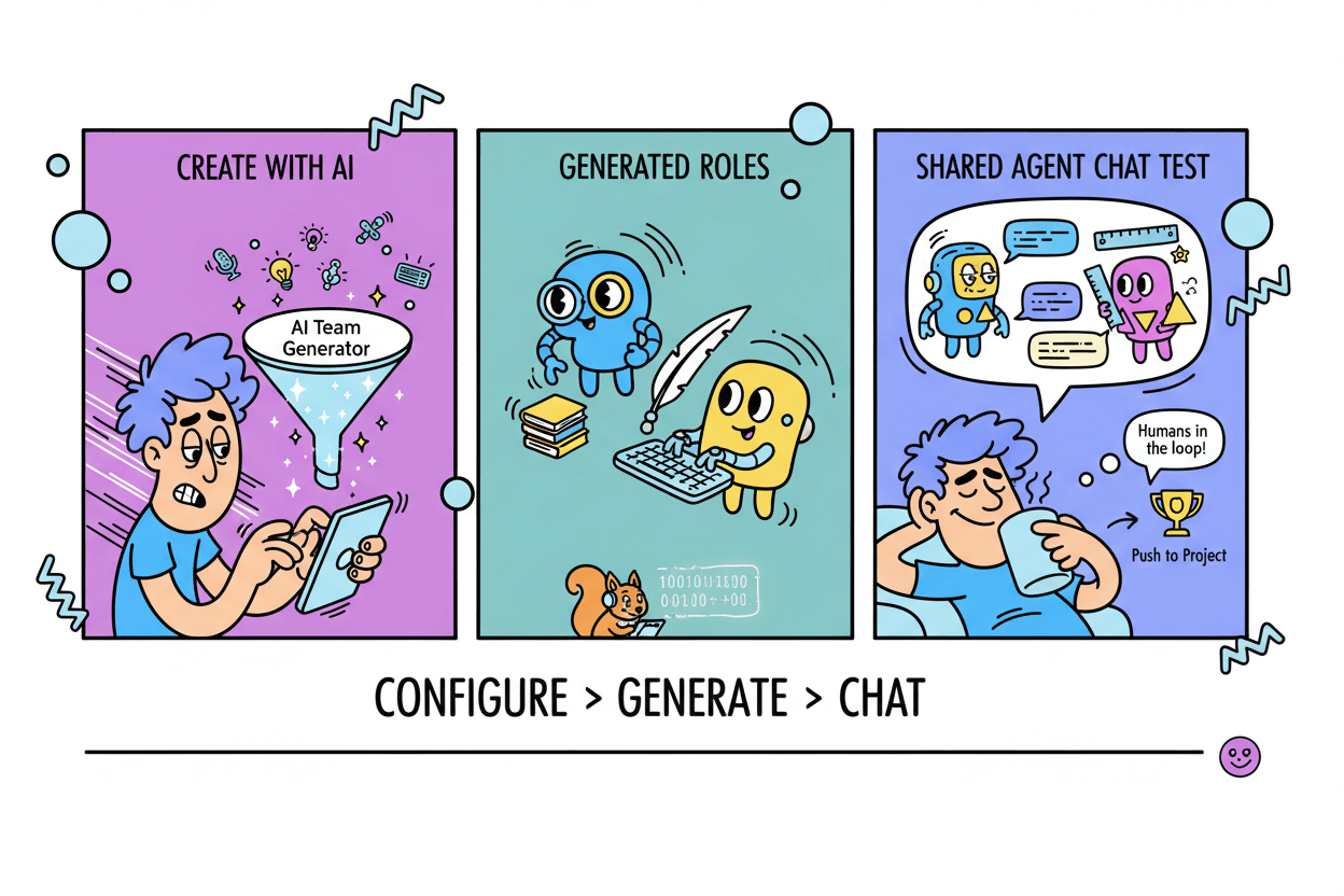 A playful cartoon showing a three-step process: creating an AI team, generating roles, and testing in a shared chat.