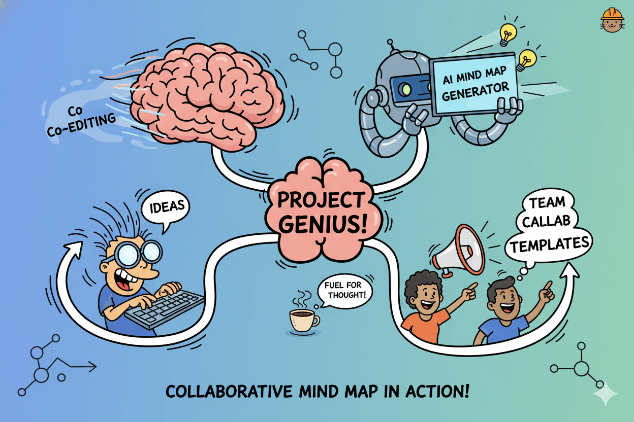 A playful cartoon mind map illustrating how Taskade's AI helps teams collaborate and expand ideas in real time.