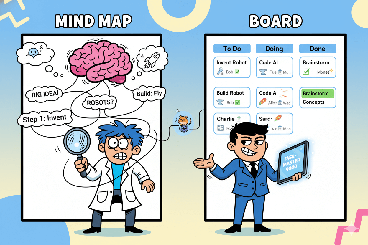 A split comparison shows a mind map brainstorming session on the left and a structured task board view on the right.