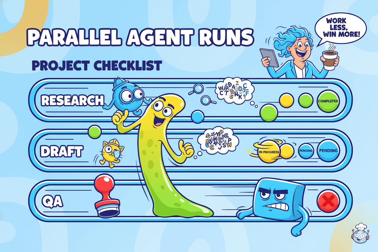 Cartoonish timeline showing parallel agent runs for research, draft, and QA within a project checklist, with status updates.