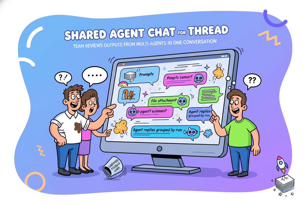 A whimsical illustration depicting a team reviewing AI agent activity, with prompts, files, and replies in a shared chat interface.
