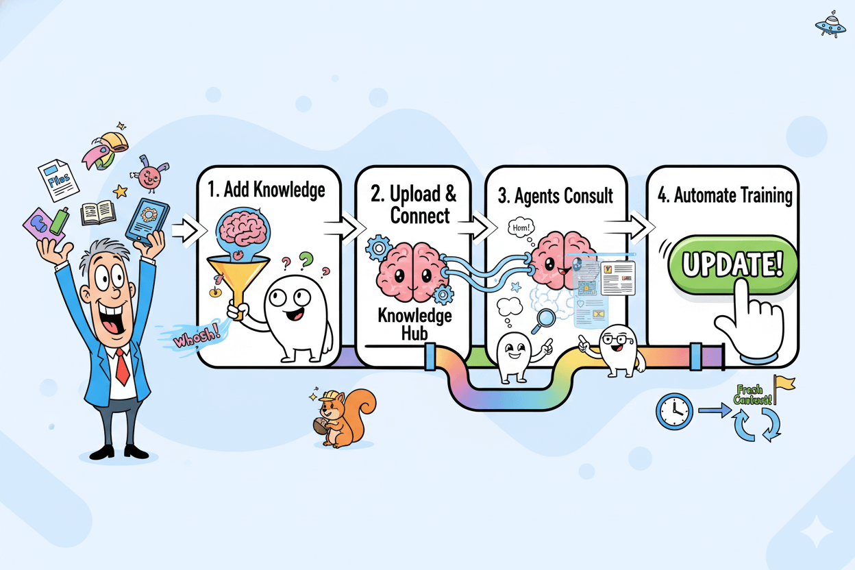 A playful 4-step process flow cartoon shows a person adding various knowledge sources, connecting them to an AI knowledge hub, where agents then consult and update their training.