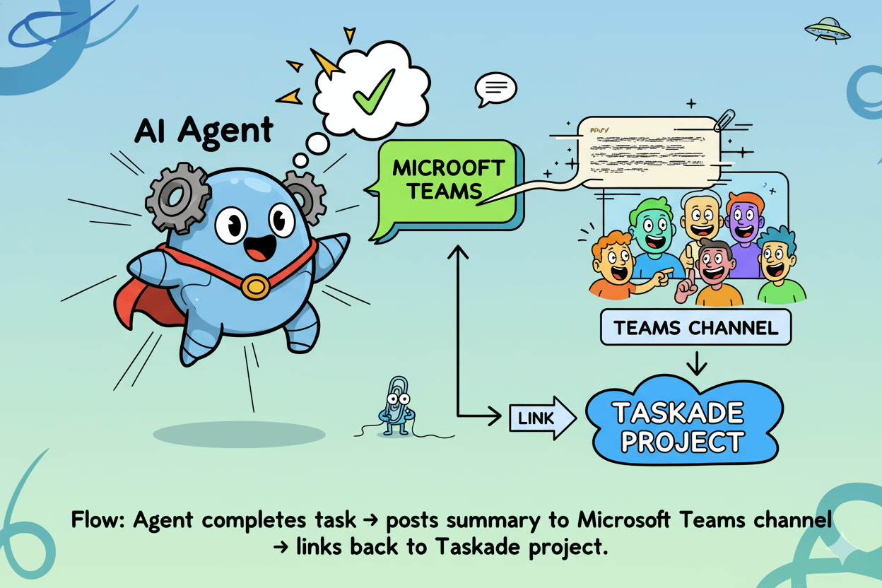 Cartoon flow diagram illustrates an AI agent completing a task, posting a summary to Microsoft Teams, and linking back to a Taskade project.