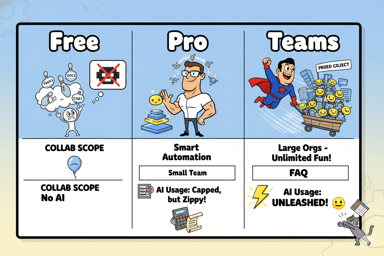Cartoon comparison table showing Taskade's Free, Pro, and Teams plans with varying collaboration and AI usage details.