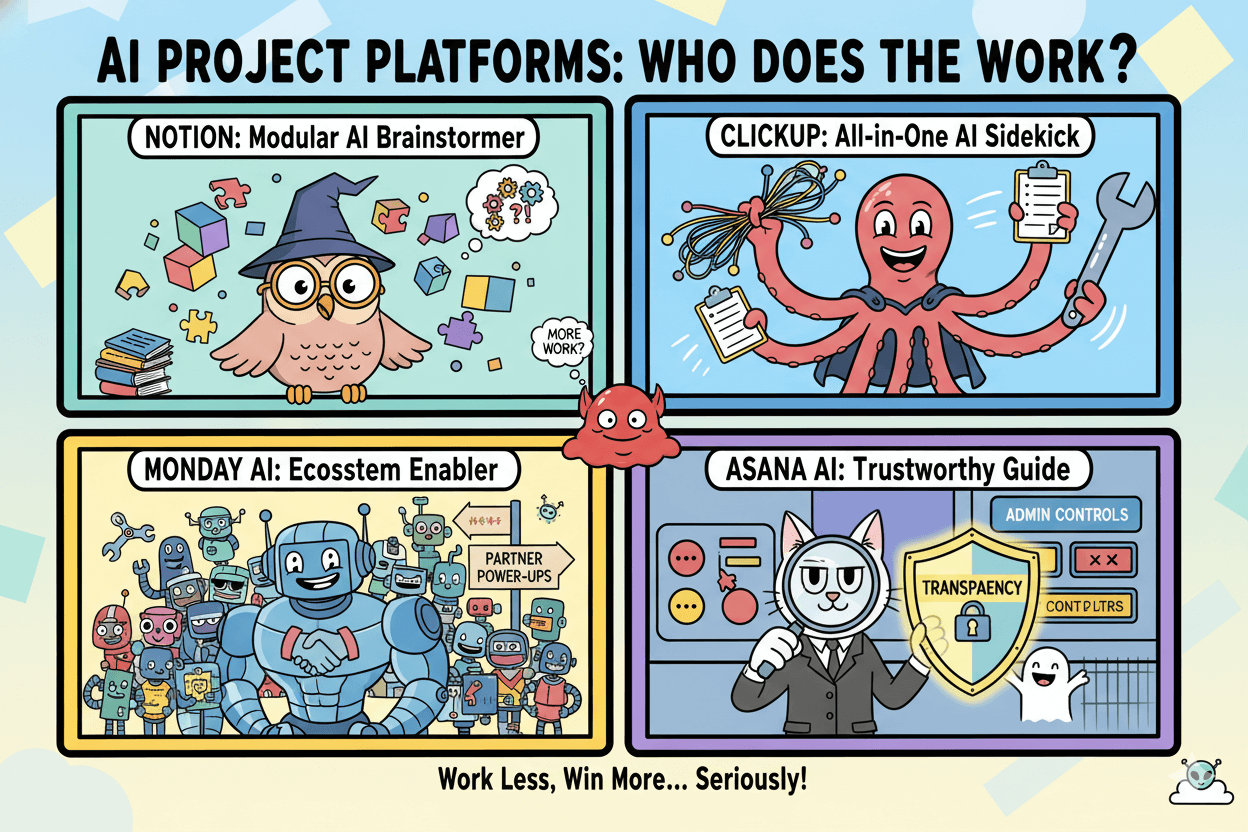 A humorous 4-way grid comparing AI project platforms: Notion, ClickUp, monday, and Asana, illustrating their AI capabilities.