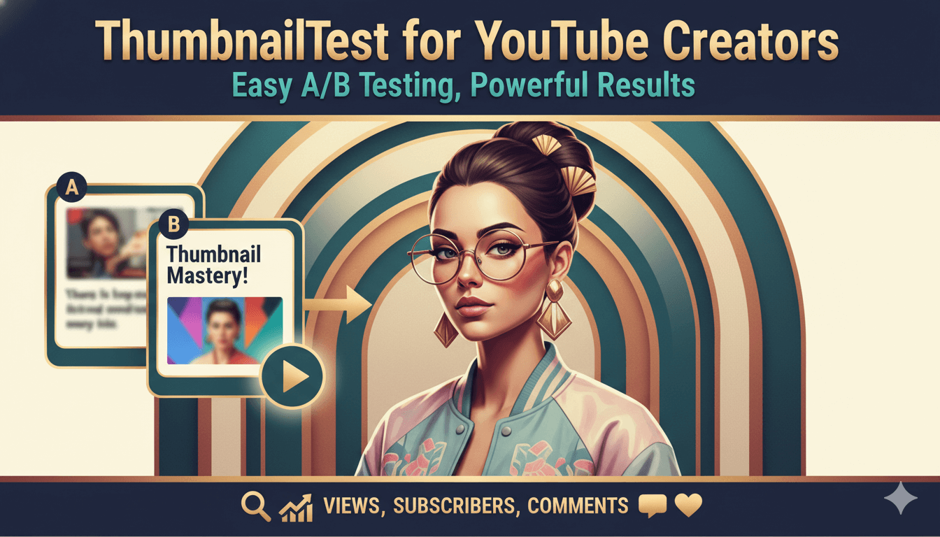 A stylized young woman with glasses and a jacket looks toward two overlapping YouTube thumbnail examples labeled A and B, illustrating A/B testing for creators.