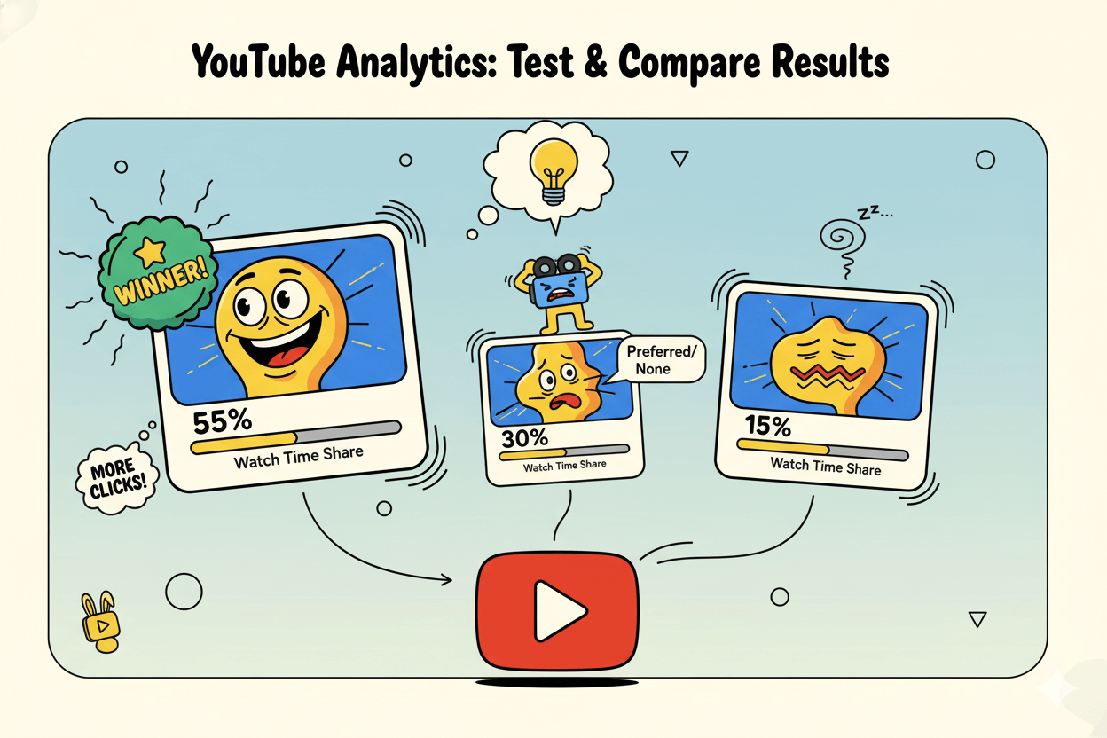 A playful cartoon A/B test results chart shows a "Winner" thumbnail with 55% watch time, another with 30% "Preferred/None," and a "sleeping" thumbnail with 15%.