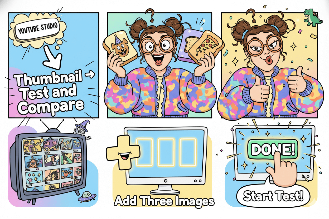 A six-panel cartoon shows a content creator enthusiastically going through the steps to set up a YouTube thumbnail A/B test.