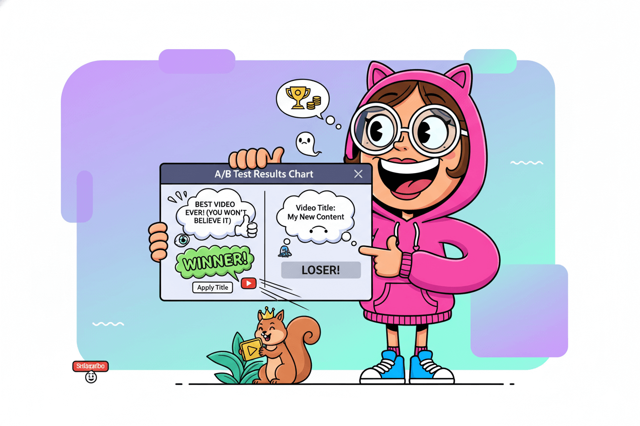 A cartoon content creator holds an A/B test results chart showing a winning and losing title variant, demonstrating title testing.