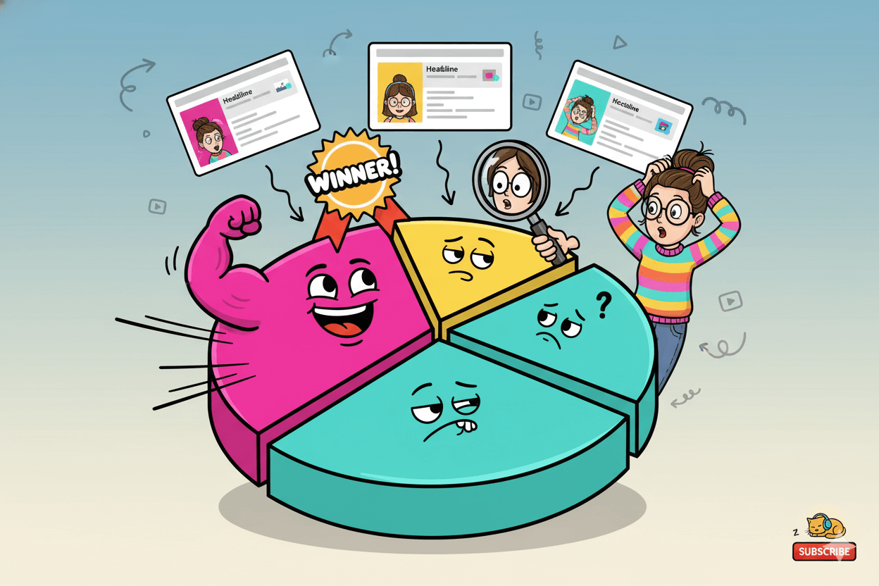 A cartoon pie chart with three segments, one muscular and labeled "winner," illustrates watch time share for A/B/C variants.