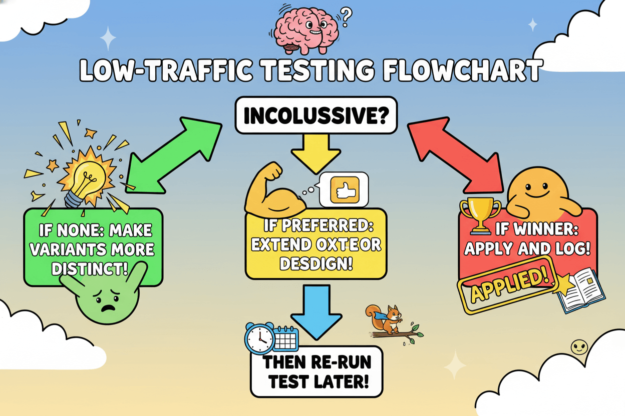 A whimsical flowchart titled "Low-Traffic Testing Flowchart" illustrates the decision-making process for inconclusive A/B tests.