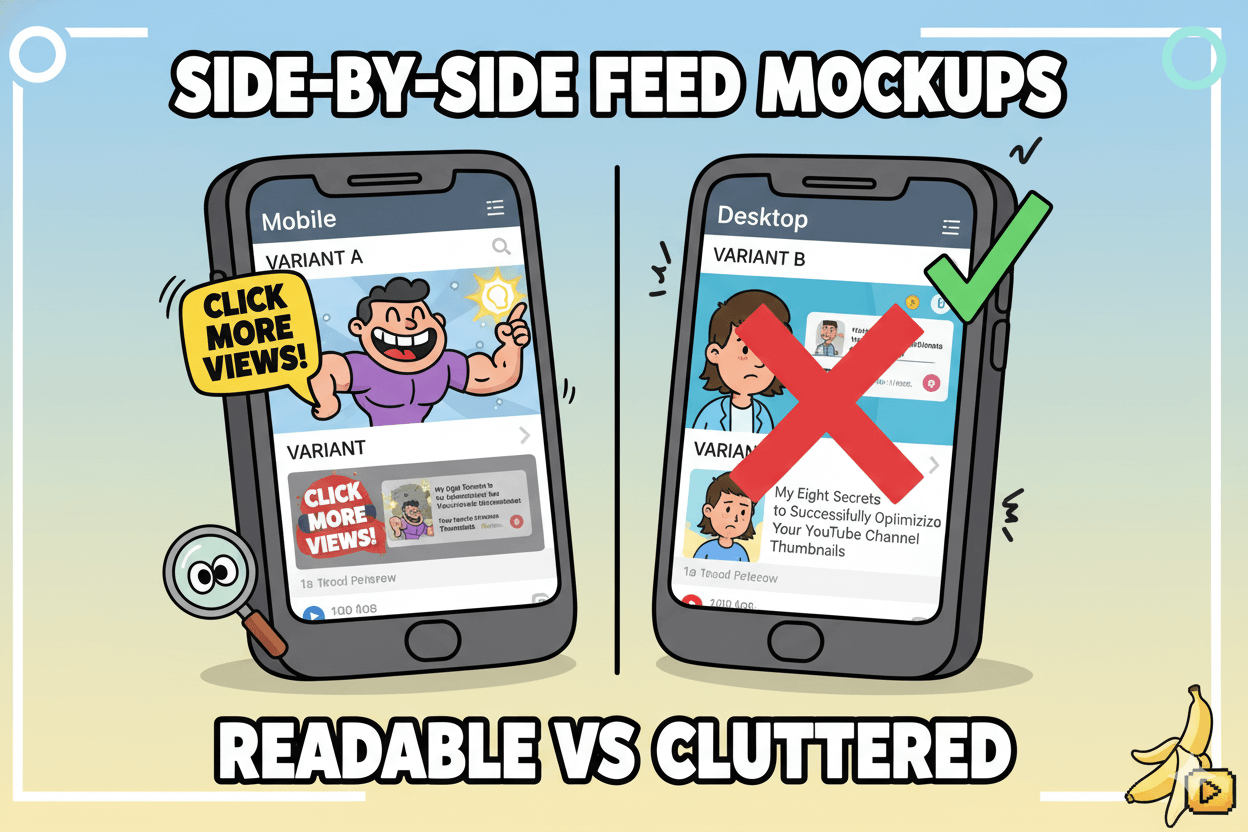Two cartoonish mobile screens show a side-by-side feed mockup comparing a readable thumbnail versus a cluttered one, for YouTube optimization.
