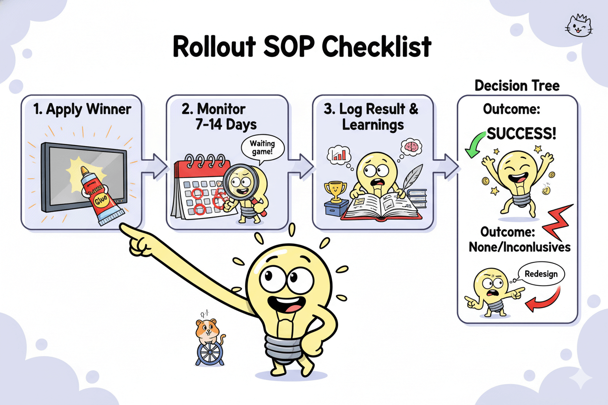 A cartoon flowchart illustrates a "Rollout SOP checklist" for YouTube, showing steps to apply a winner, monitor, log results, and decide on redesigns.