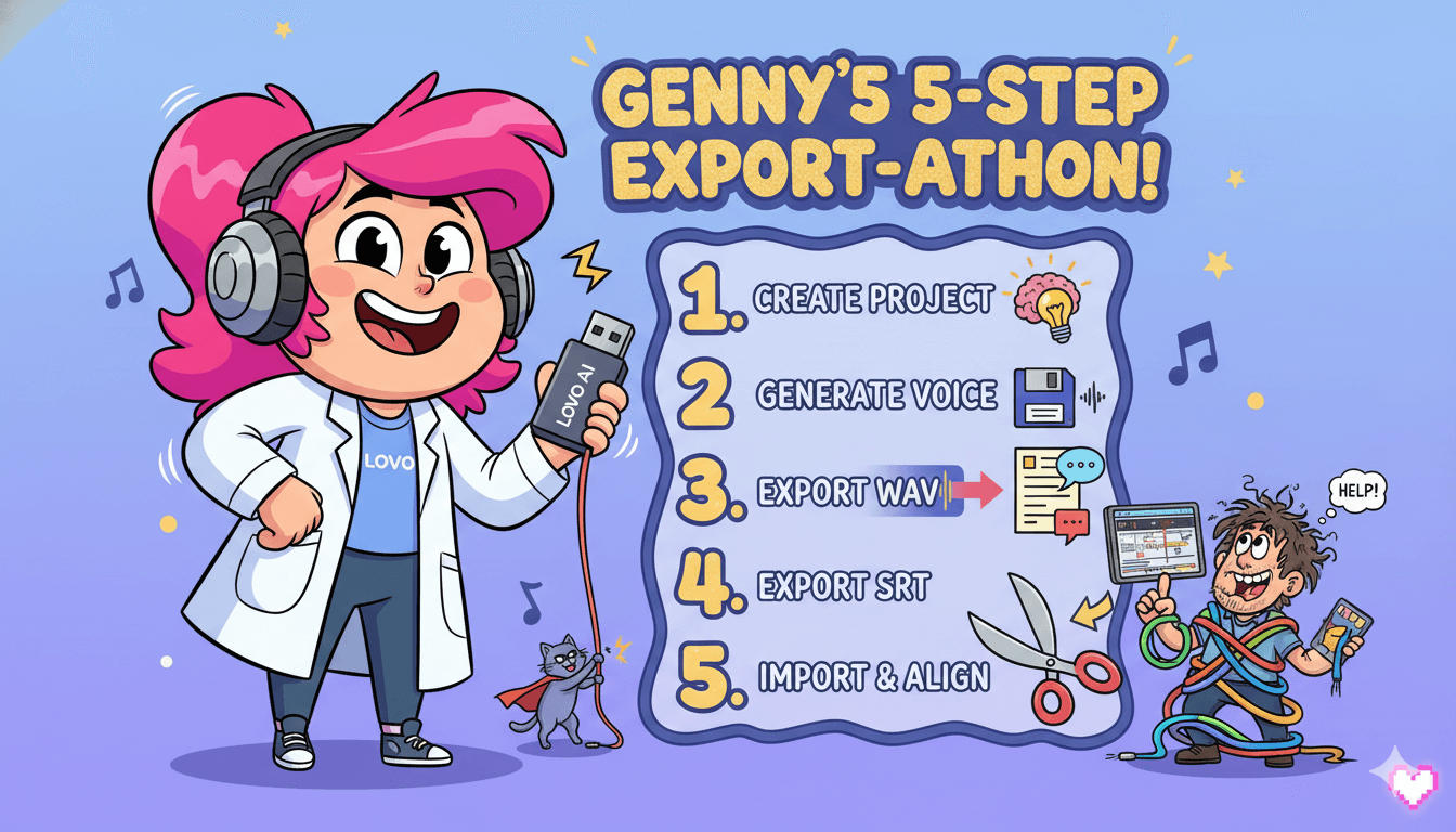 A cartoon character with pink hair holding a USB drive next to a "Genny's 5-step Export-athon" checklist for video editing.
