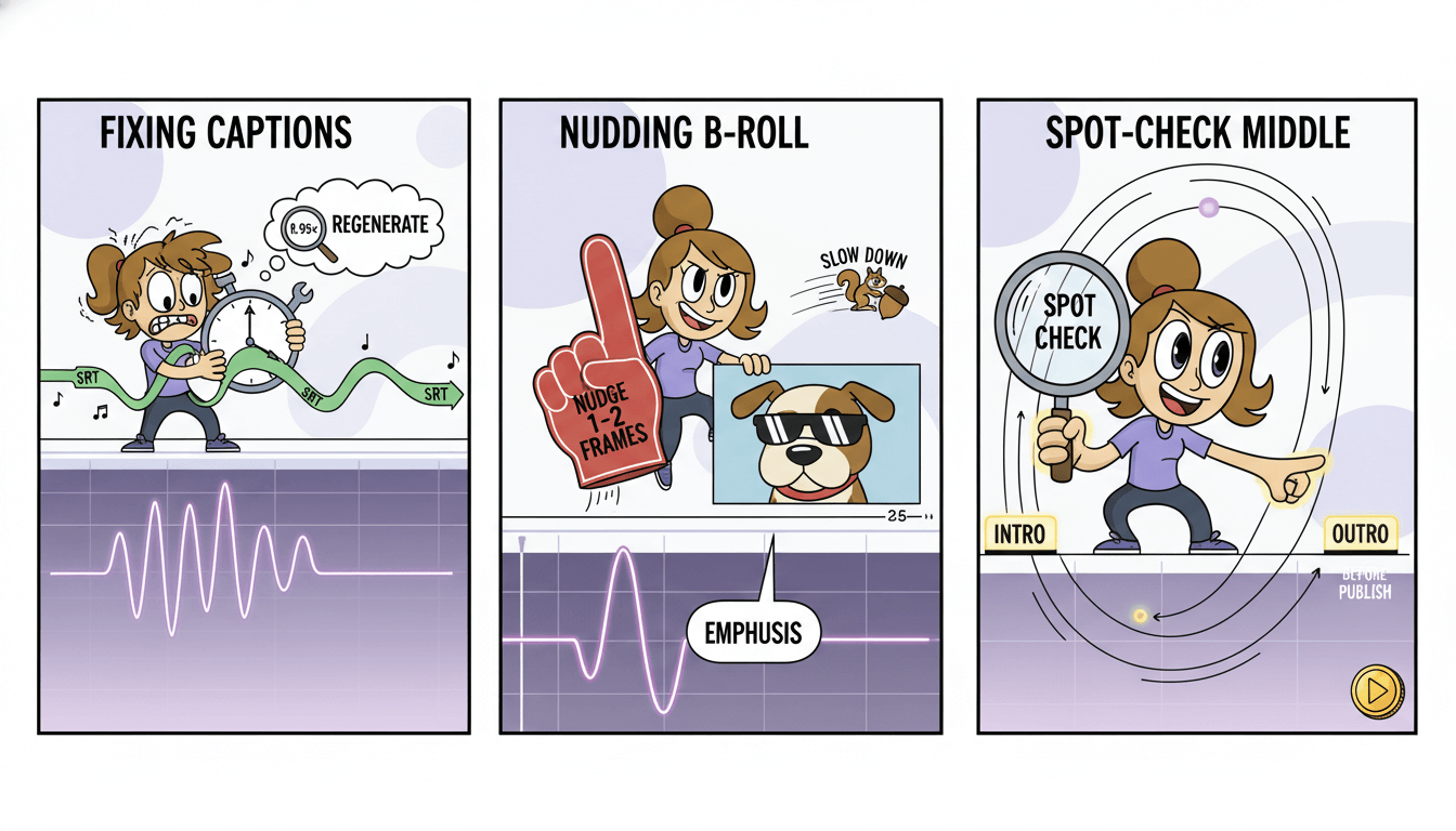 Three cartoon panels illustrate common video editing drift fixes: regenerating captions, nudging b-roll, and spot-checking the timeline's middle.