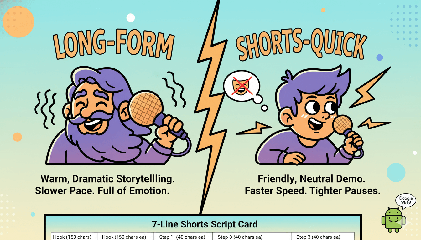 A cartoon split comparison shows two characters illustrating "split voices" for long-form versus shorts-quick content, detailing pacing and tone differences.