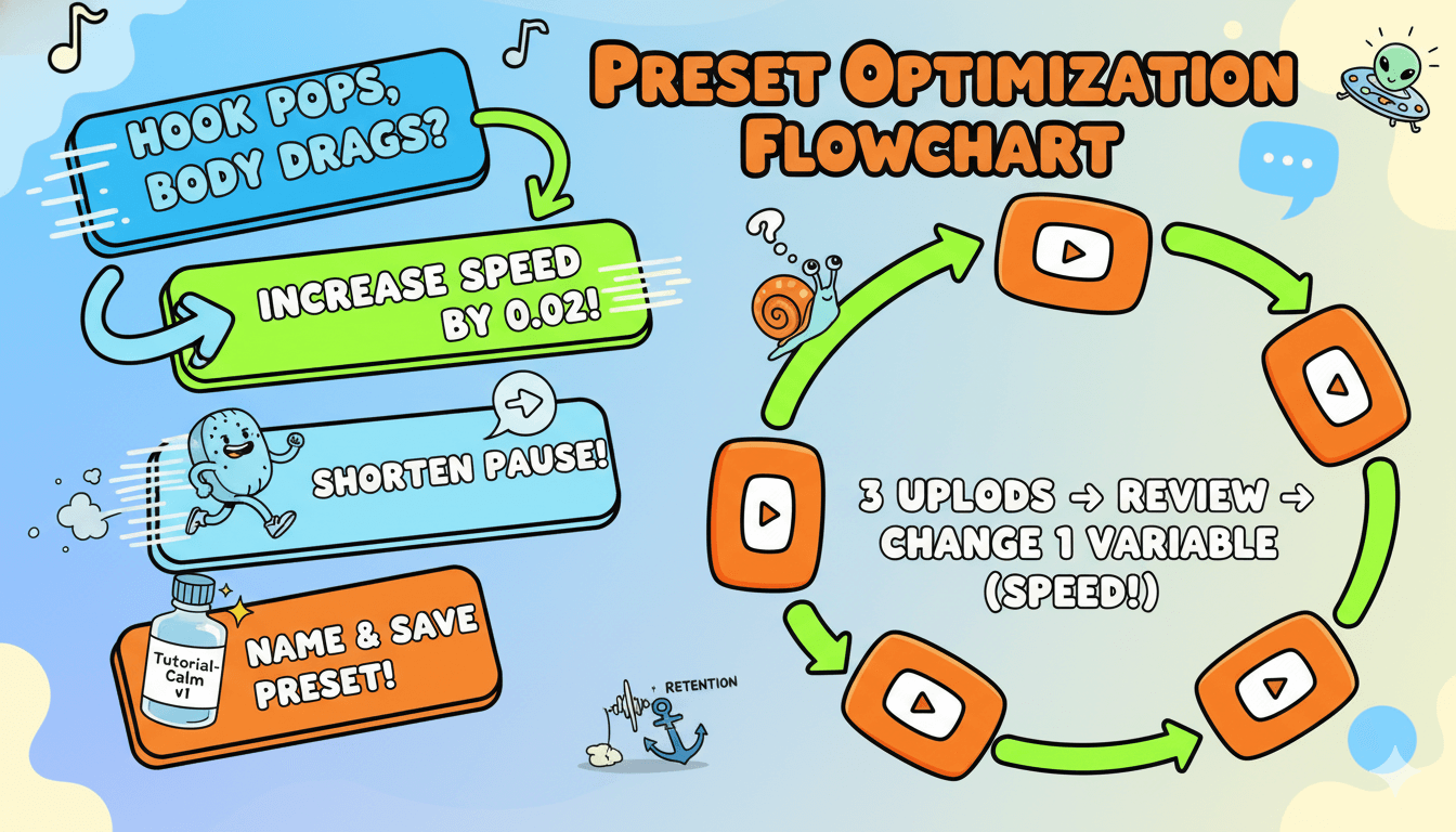 A humorous cartoon flowchart visually demonstrates how to optimize content presets by adjusting speed and pause length for better audience retention.