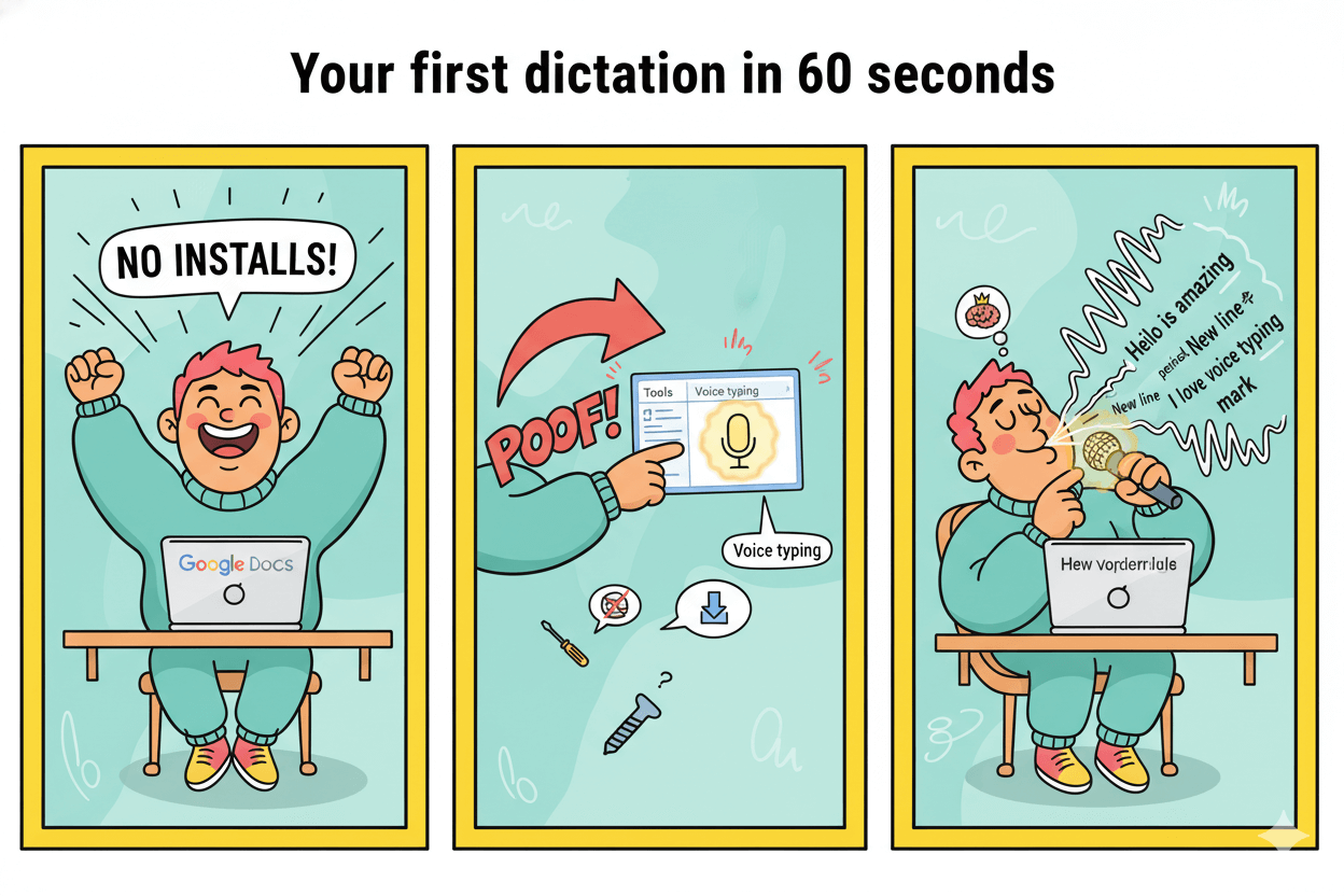A three-panel cartoon shows a person excitedly starting voice typing in Google Docs, illustrating quick setup and use.