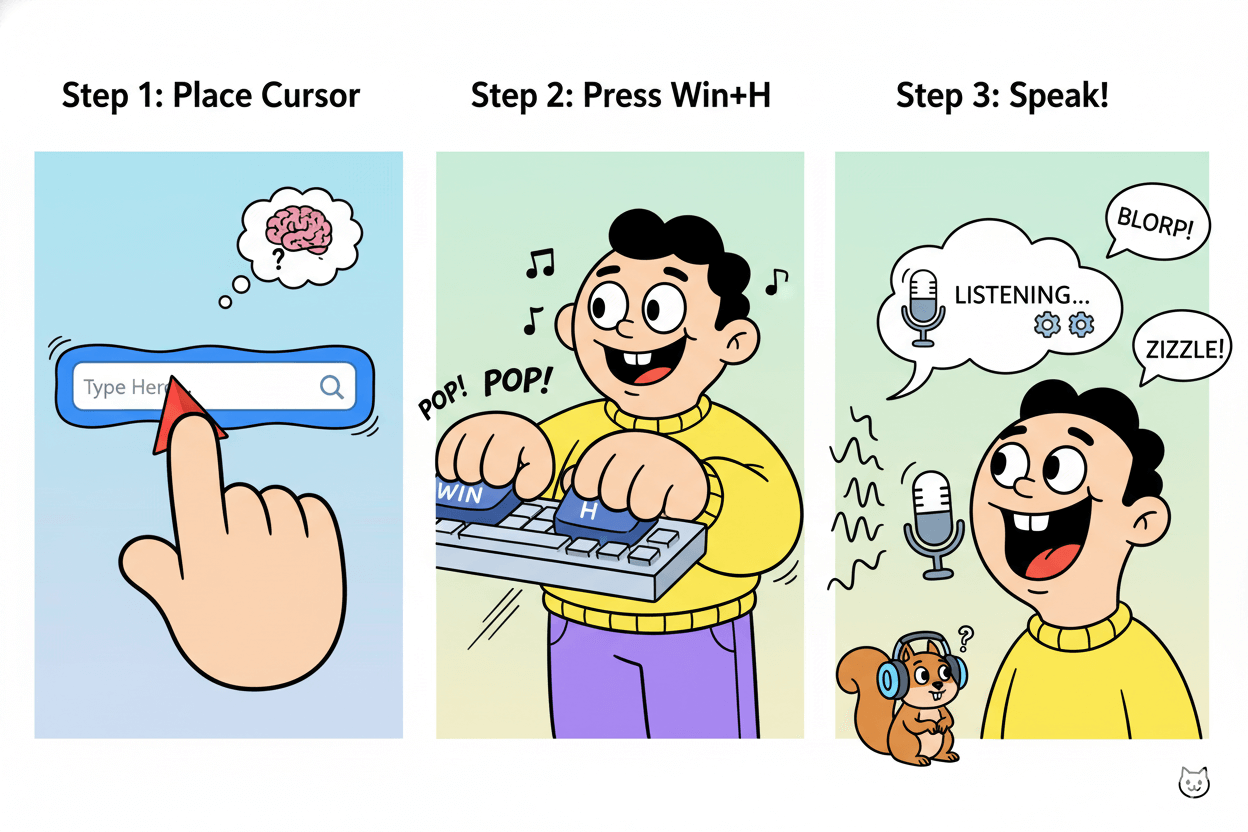 A three-step cartoon shows how to activate and use Windows voice typing, pressing Win+H to begin speaking.