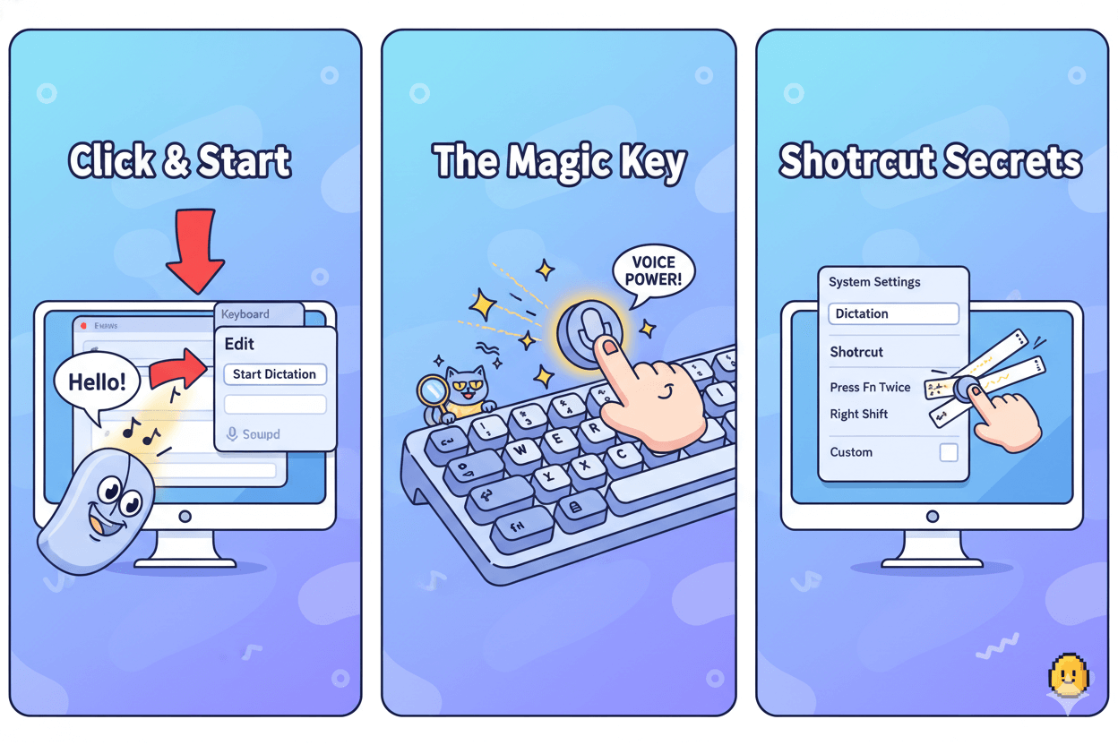 A 3-step cartoon panel illustrates how to start and customize mac OS dictation for text input.