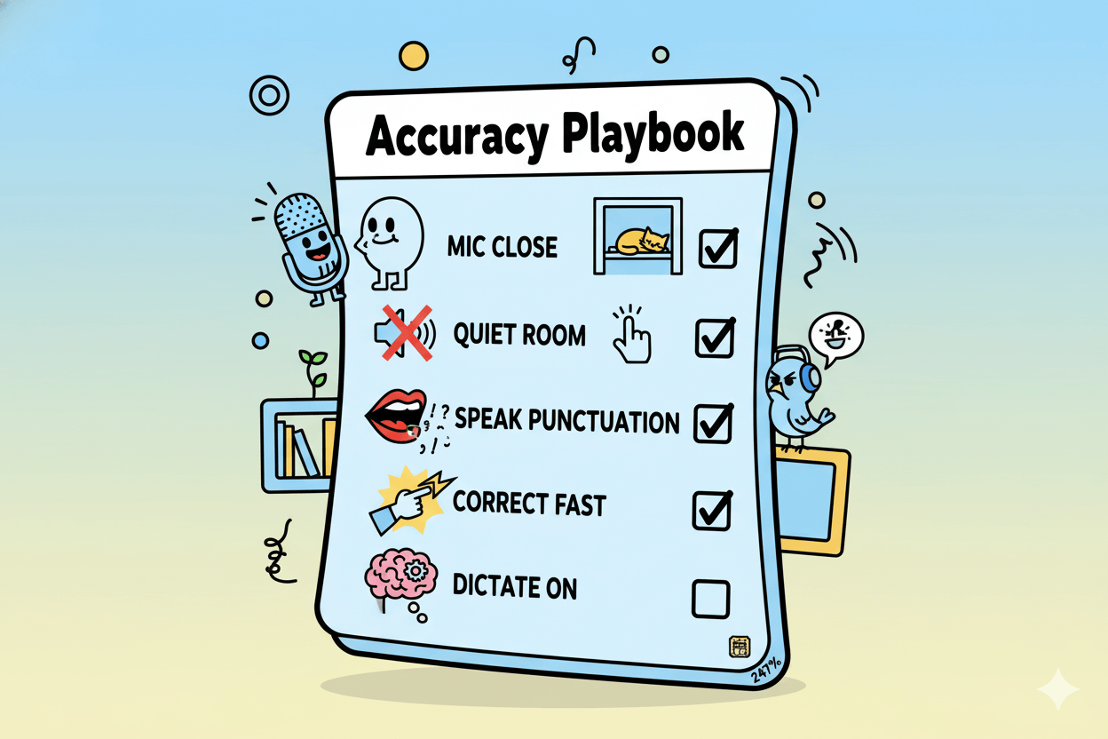 A playful checklist illustration showing five actions for improved voice command accuracy.
