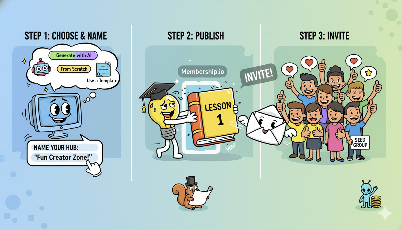 Cartoon showing three steps: choosing a Hub template and naming it, publishing a lesson, and inviting a seed group of members.