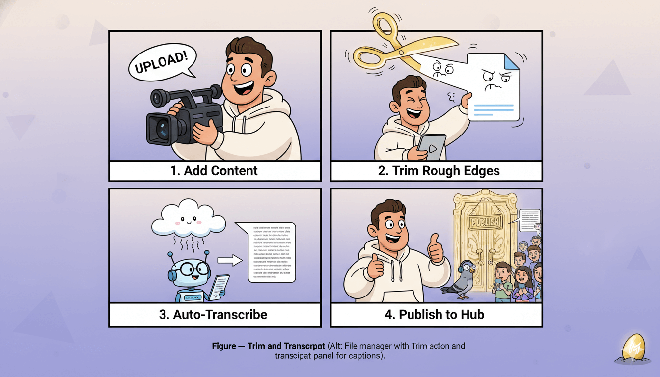 A four-panel process flow shows a cartoon marketer adding content, trimming a video, auto-transcribing, and publishing to a hub.