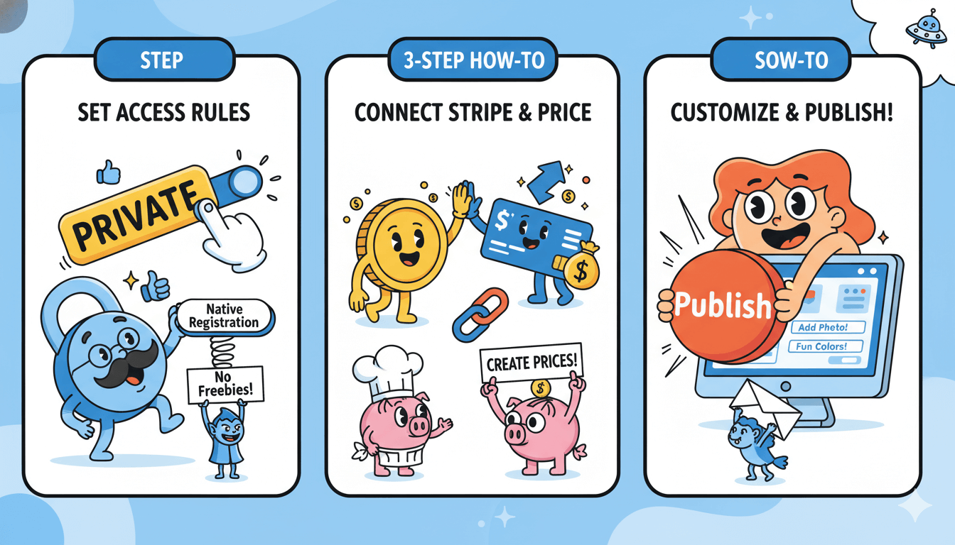 A playful three-panel illustration shows steps to set access rules, connect Stripe for payments, and publish content.