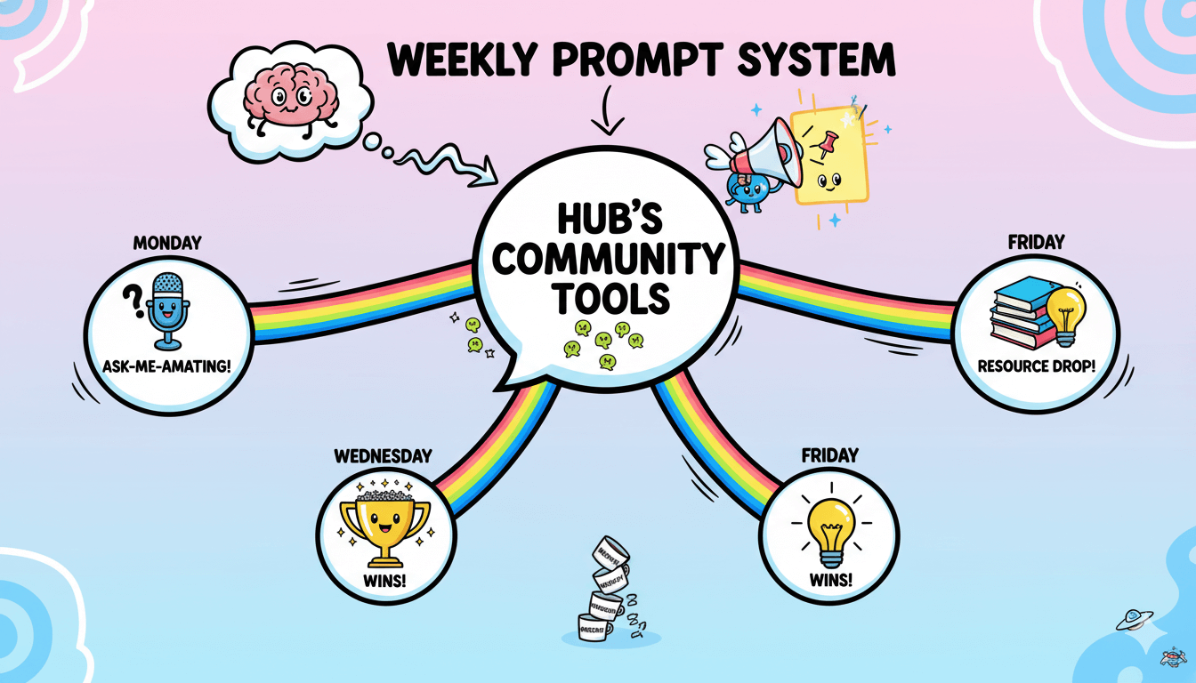 Playful flowchart shows how a weekly prompt system with themed days like "ask-me-anything" and "wins" flows into community tools