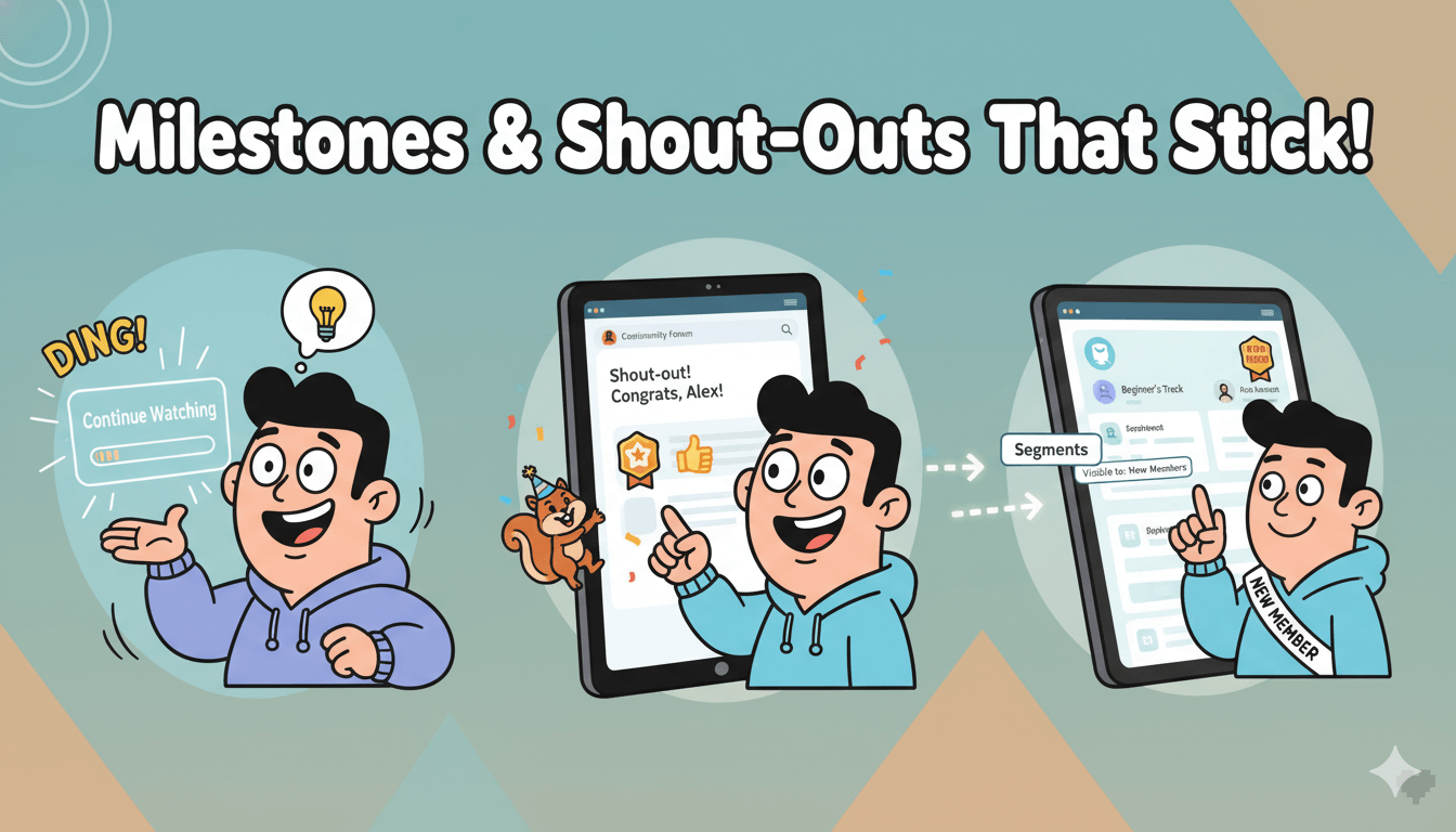 Three-panel cartoon shows a smiling man progressing through content, receiving shout-outs, and experiencing segmented visibility in a community.