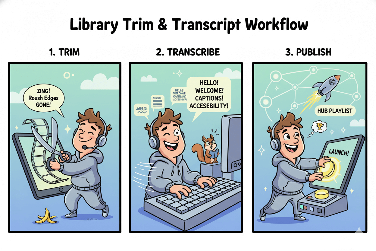 Three-panel cartoon shows a person trimming video, transcribing audio for captions, and publishing to a hub playlist.