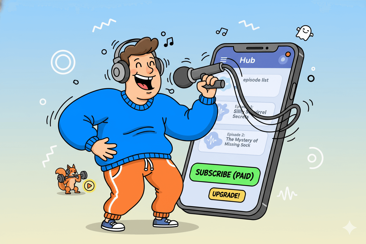 A cartoon character happily listens to a podcast on a giant phone, illustrating launching a paid podcast in a membership hub.