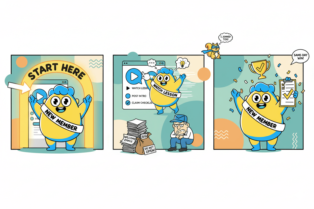 Three panel illustration shows a new member successfully completing an onboarding process, achieving a same-day win.