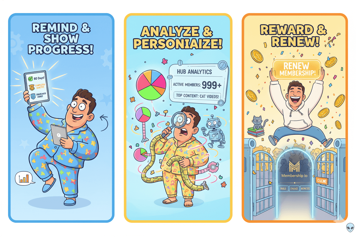 Three-panel cartoon shows a member receiving reminders, analyzing data, and celebrating a rewarded renewal, illustrating renewal mechanics.