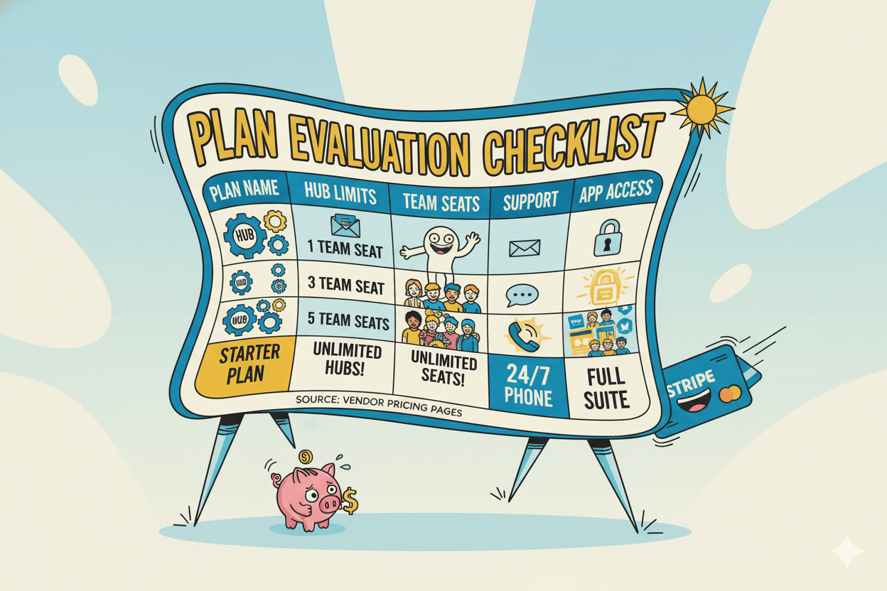 A playful illustration of a "Plan Evaluation Checklist" with exaggerated elements, depicting various membership plan features and a piggy bank.